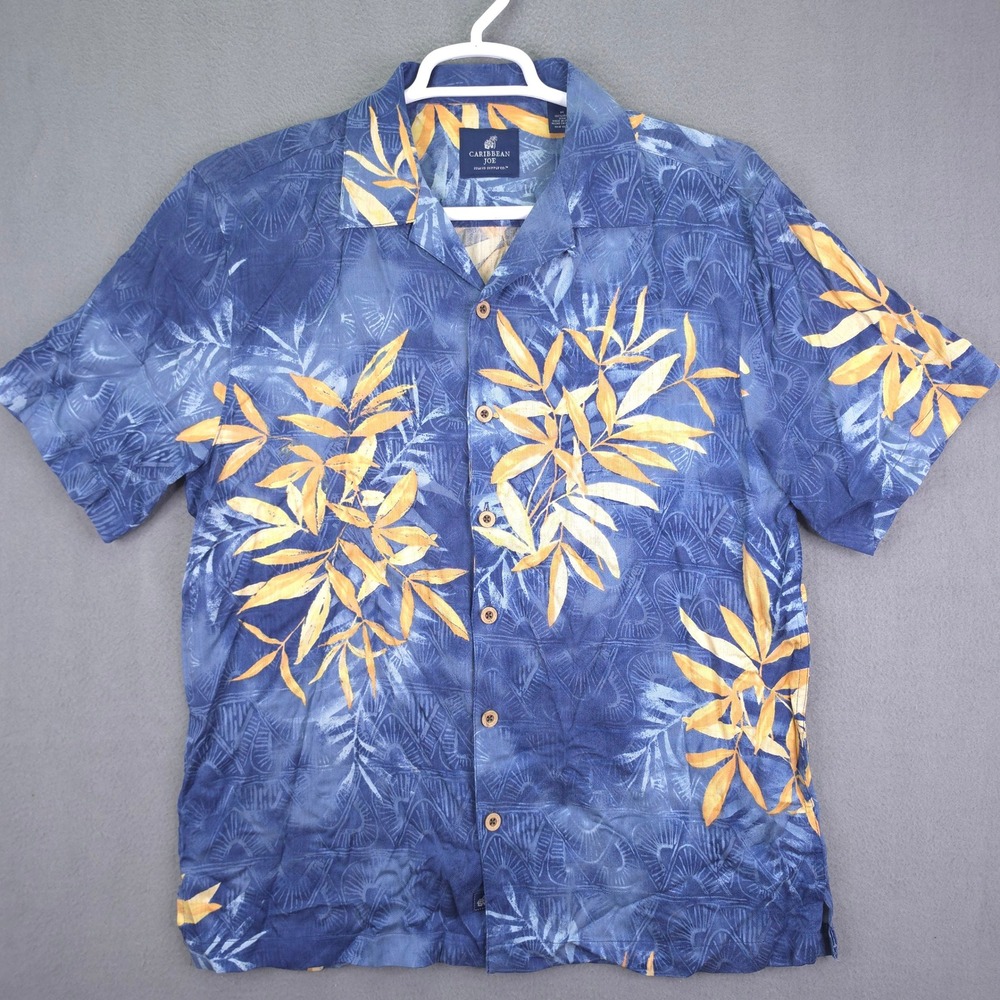 Caribbean Joe Shirt Mens Medium Blue Silk Bamboo Leaf Tropical Aloha Hawaiian M